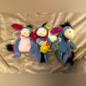Vintage 90s Disney Store Bean Bag Eeyores 9”- Flower Power, Cupid, Love Bug NWT